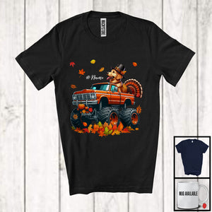 MacnyStore - Personalized Custom Name Golden Retriever On Monster Truck; Joyful Thanksgiving Fall Leaf T-Shirt