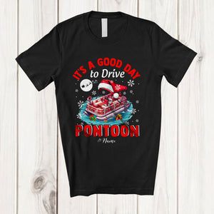 MacnyStore - Personalized Custom Name Good Day To Drive Pontoon; Joyful Christmas Lights Santa Family T-Shirt