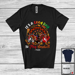 MacnyStore - Personalized Custom Name Good Day To Play Baseball; Joyful Thanksgiving Three Turkeys Rainbow T-Shirt