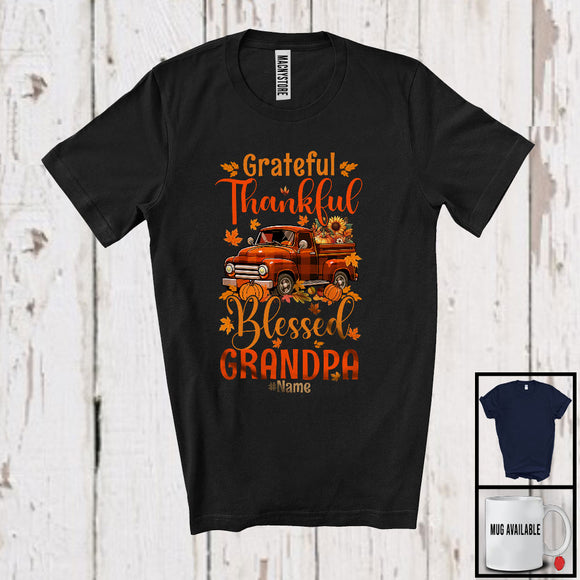 MacnyStore - Personalized Custom Name Grateful Thankful Grandpa; Lovely Thanksgiving Plaid Truck; Family T-Shirt