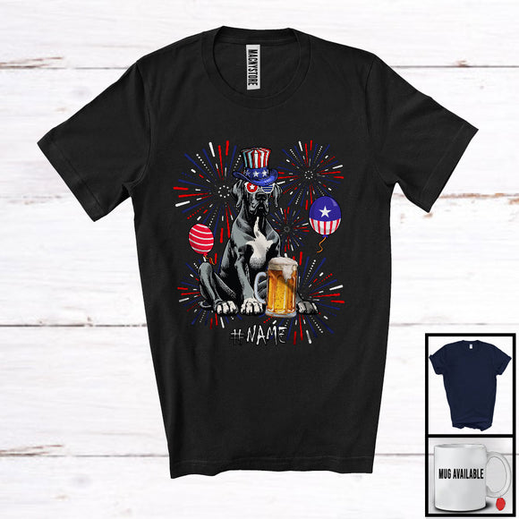 MacnyStore - Personalized Custom Name Great Dane Drinking Beer, Lovely 4th Of July Fireworks, Patriotic T-Shirt