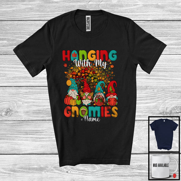 MacnyStore - Personalized Custom Name Hanging With My Gnomies, Lovely Thanksgiving Four Gnomes, Fall Leaves Tree T-Shirt
