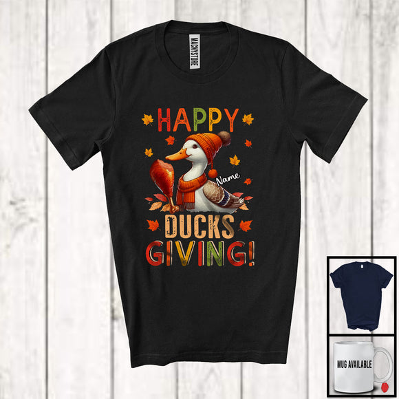 MacnyStore - Personalized Custom Name Happy Ducksgiving; Adorable Thanksgiving Duck Lover; Fall Leaves T-Shirt