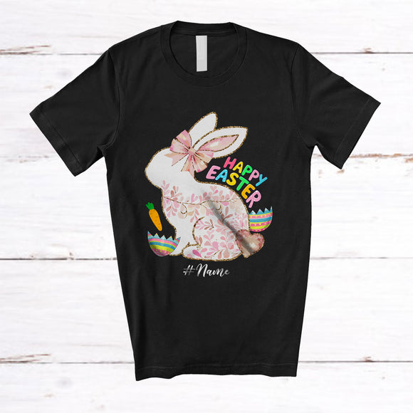 MacnyStore - Personalized Custom Name Happy Easter; Lovely Easter Flowers Bunny; Egg Hunt Family T-Shirt