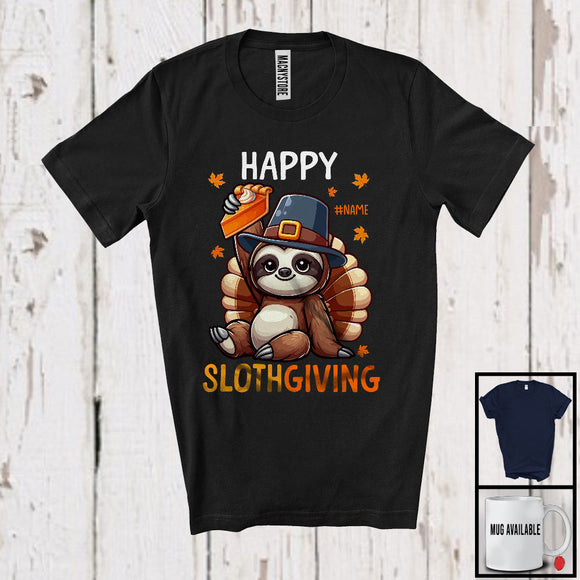 MacnyStore - Personalized Custom Name Happy Slothgiving; Lovely Thanksgiving Turkey Eating Pumpkin Pie T-Shirt