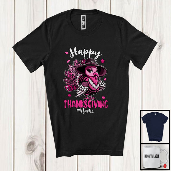 MacnyStore - Personalized Custom Name Happy Thanksgiving; Humorous Pink Turkey Pilgrim; Women Family T-Shirt