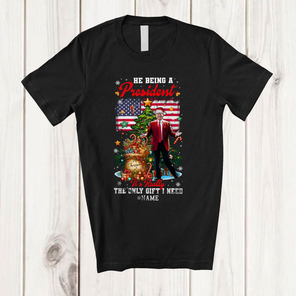 MacnyStore - Personalized Custom Name He Being A President; Amazing Christmas Tree US Flag; Trump Back 2024 T-Shirt