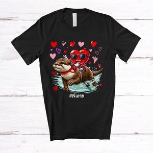 MacnyStore - Personalized Custom Name Heart Riding Otter; Joyful Valentine Hearts Sunglasses; Sea Animal T-Shirt