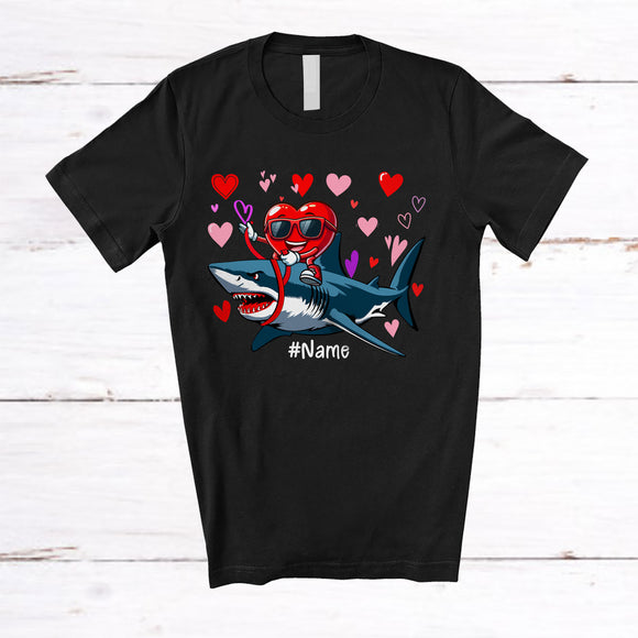 MacnyStore - Personalized Custom Name Heart Riding Shark; Joyful Valentine Hearts Sunglasses; Sea Animal T-Shirt