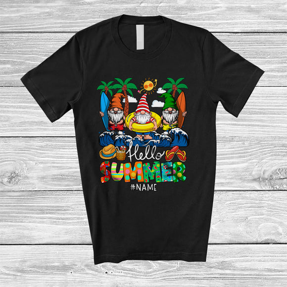 MacnyStore - Personalized Custom Name Hello Summer; Colorful Summer Vacation Three Gnomes Surfing T-Shirt