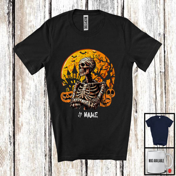 MacnyStore - Personalized Custom Name Horror Skeleton Costume, Scary Halloween Moon Skeleton, Pumpkins T-Shirt