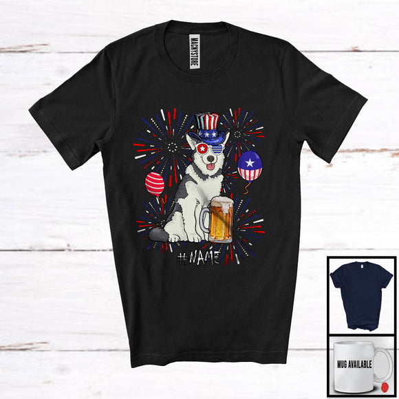 MacnyStore - Personalized Custom Name Husky Drinking Beer, Lovely 4th Of July Fireworks, Patriotic T-Shirt
