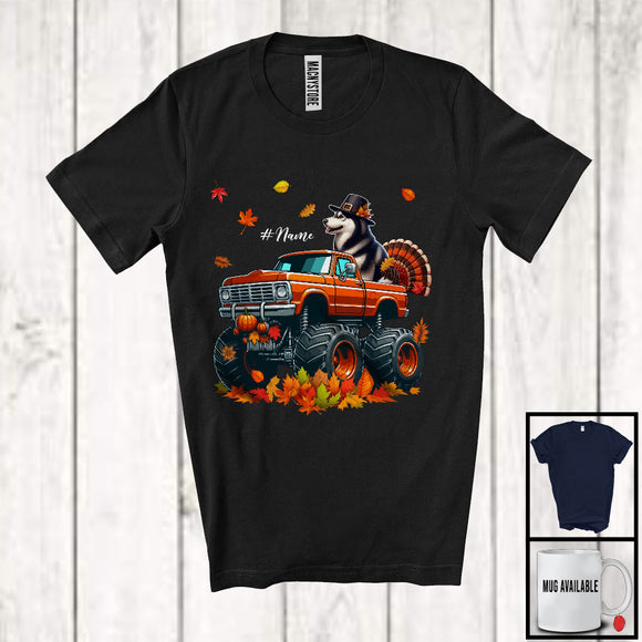 MacnyStore - Personalized Custom Name Husky Turkey On Monster Truck; Joyful Thanksgiving Fall Leaf T-Shirt