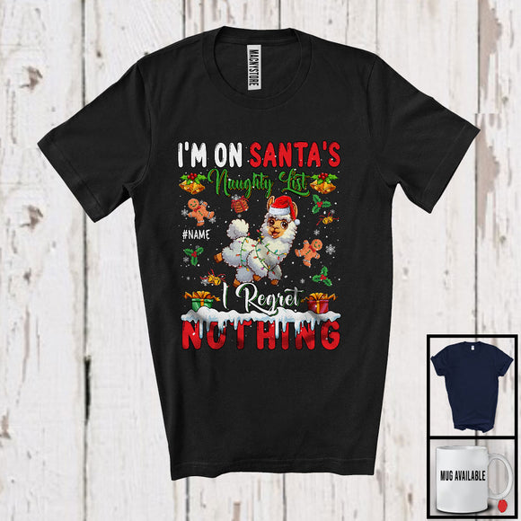 MacnyStore - Personalized Custom Name I'm On Santa's Naughty List, Sarcastic Christmas Llama, Family X-mas T-Shirt