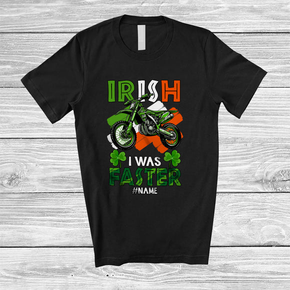 MacnyStore - Personalized Custom Name Irish I Was Faster; Joyful St. Patrick's Day Riding Dirt Bike Leprechaun T-Shirt