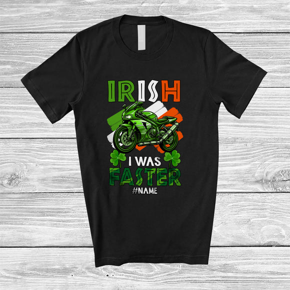 MacnyStore - Personalized Custom Name Irish I Was Faster; Joyful St. Patrick's Day Riding Motorbike Leprechaun T-Shirt