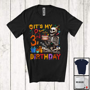 MacnyStore - Personalized Custom Name It's My 3rd Birthday; Cheerful Halloween Skeleton; Family Group T-Shirt