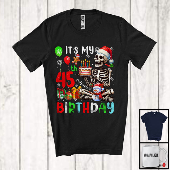 MacnyStore - Personalized Custom Name It's My 45th Birthday; Cheerful Christmas Skeleton Santa; Family T-Shirt