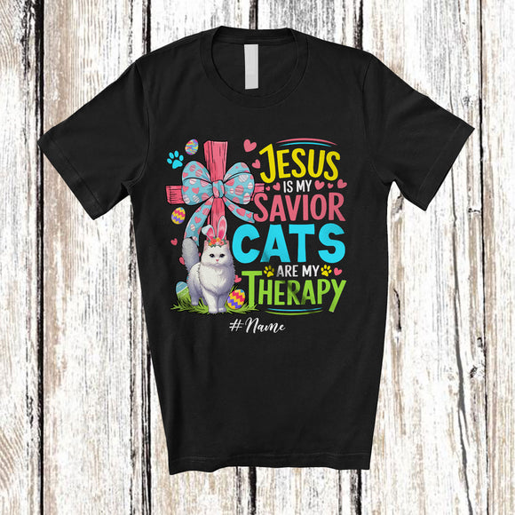 MacnyStore - Personalized Custom Name Jesus Is My Savior Cats Are My Therapy; Happy Easter Cross Eggs T-Shirt