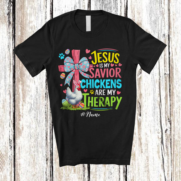 MacnyStore - Personalized Custom Name Jesus Is My Savior Chickens Are My Therapy; Happy Easter Cross Eggs T-Shirt