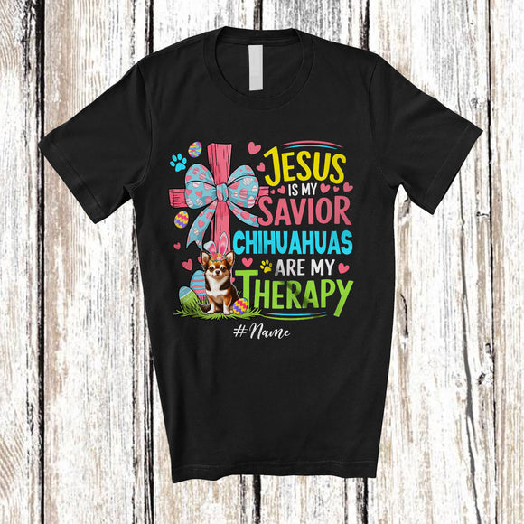 MacnyStore - Personalized Custom Name Jesus Is My Savior Chihuahuas Are My Therapy; Happy Easter Cross Eggs T-Shirt