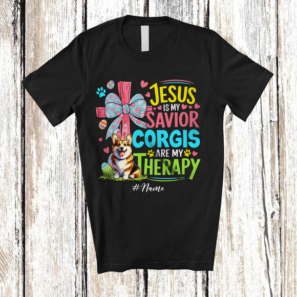 MacnyStore - Personalized Custom Name Jesus Is My Savior Corgis Are My Therapy; Happy Easter Cross Eggs T-Shirt