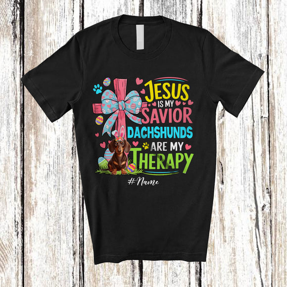 MacnyStore - Personalized Custom Name Jesus Is My Savior Dachshunds Are My Therapy; Happy Easter Cross Eggs T-Shirt