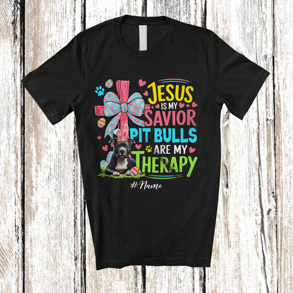 MacnyStore - Personalized Custom Name Jesus Is My Savior Pit Bulls Are My Therapy; Happy Easter Cross Eggs T-Shirt