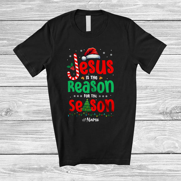 MacnyStore - Personalized Custom Name Jesus Reason For The Season; Merry Christmas Santa Candy Canes T-Shirt