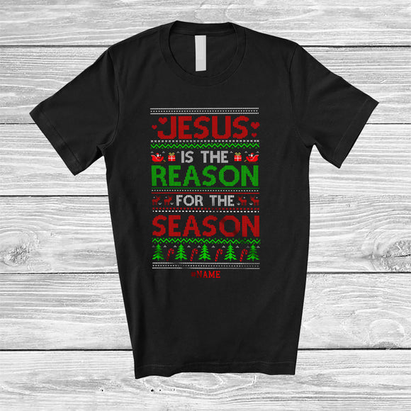 MacnyStore - Personalized Custom Name Jesus Reason For The Season; Merry Christmas Sweater Candy Canes T-Shirt