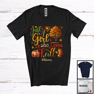 MacnyStore - Personalized Custom Name Just A Girl Who Loves Fall; Wonderful Thanksgiving Tree; Plaid Pumpkins T-Shirt