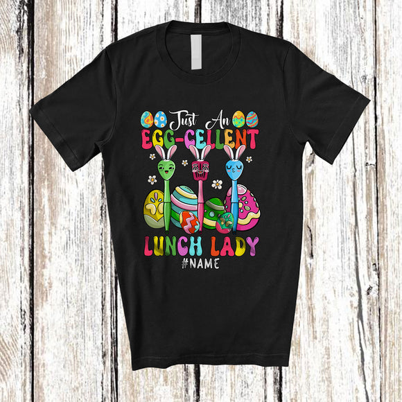 MacnyStore - Personalized Custom Name Just An Egg-cellent Lunch Lady; Joyful Easter Excellent 3 Bunnies Eggs T-Shirt