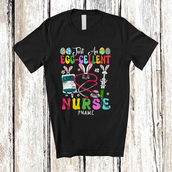 MacnyStore - Personalized Custom Name Just An Egg-cellent Nurse; Joyful Easter Excellent 3 Bunnies Nurse Tools T-Shirt