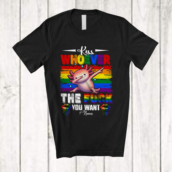 MacnyStore - Personalized Custom Name Kiss Whoever You Want; Cheerful LGBTQ Vintage Axolotl Dabbing T-Shirt