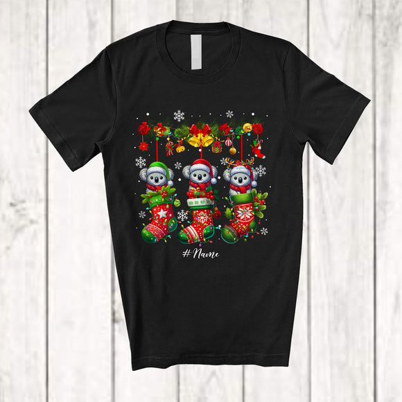 MacnyStore - Personalized Custom Name Koala Bear In Three Christmas Socks; Lovely X-mas Lights Snow T-Shirt