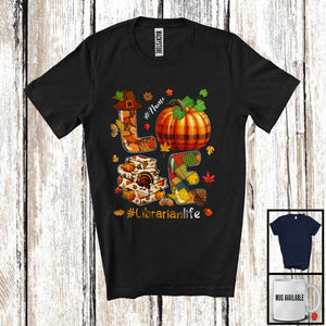 MacnyStore - Personalized Custom Name LOVE Librarian; Happy Thanksgiving Plaid Pumpkin Books Fall Leaves T-Shirt