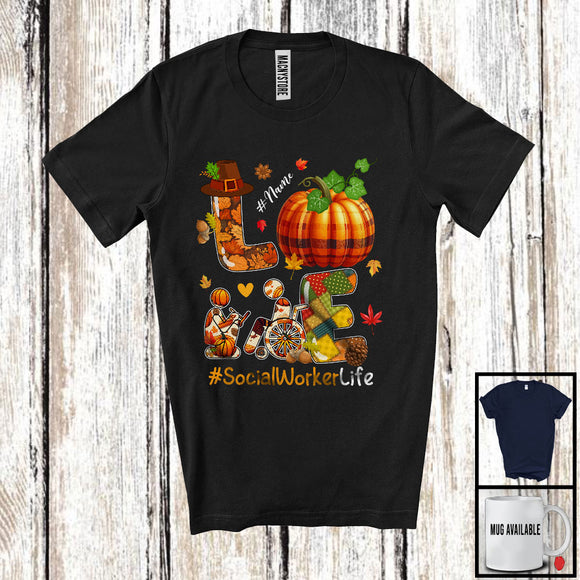 MacnyStore - Personalized Custom Name LOVE Social Worker; Happy Thanksgiving Plaid Pumpkin Icon Jobs T-Shirt