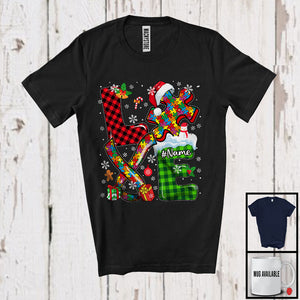 MacnyStore - Personalized Custom Name LOVE; Proud Christmas Autism Awareness Santa Plaid Puzzle Pieces T-Shirt