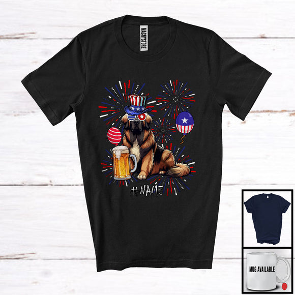 MacnyStore - Personalized Custom Name Leonberger Drinking Beer, Lovely 4th Of July Fireworks, Patriotic T-Shirt