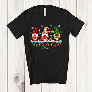 MacnyStore - Personalized Custom Name Leopard Plaid Three Gnomes; Amusing Christmas Gnomies; Snowing T-Shirt