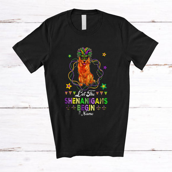 MacnyStore - Personalized Custom Name Let The Shenanigans Begin; Joyful Mardi Gras Golden Retriever Beads T-Shirt