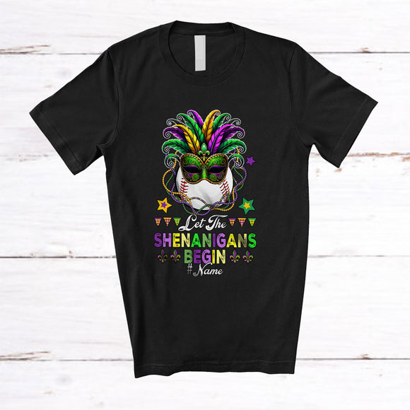 MacnyStore - Personalized Custom Name Let The Shenanigans Begin; Joyful Mardi Gras Masked Baseball Beads T-Shirt