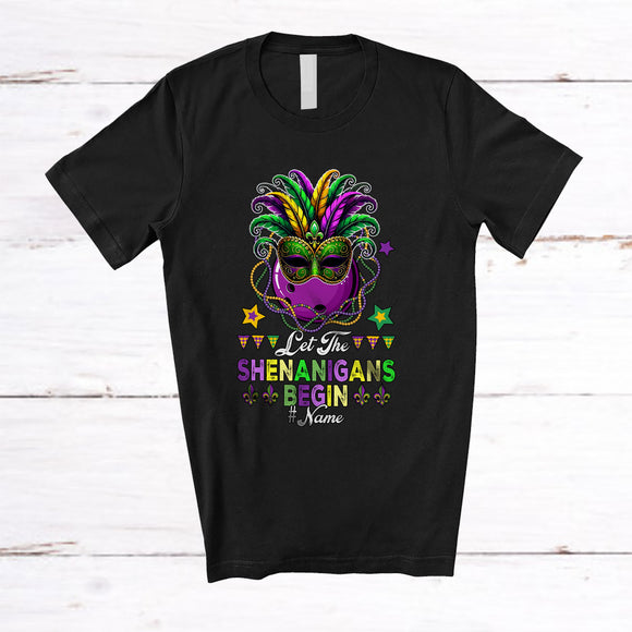 MacnyStore - Personalized Custom Name Let The Shenanigans Begin; Joyful Mardi Gras Masked Bowling Beads T-Shirt