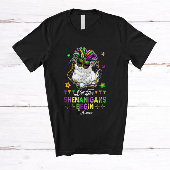 MacnyStore - Personalized Custom Name Let The Shenanigans Begin; Joyful Mardi Gras Masked Cat Beads T-Shirt