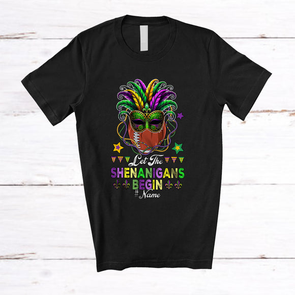 MacnyStore - Personalized Custom Name Let The Shenanigans Begin; Joyful Mardi Gras Masked Football Beads T-Shirt