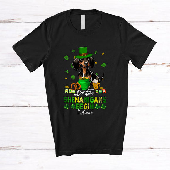 MacnyStore - Personalized Custom Name Let The Shenanigans Begin; Lovely St. Patrick's Day Leprechaun Dachshund T-Shirt