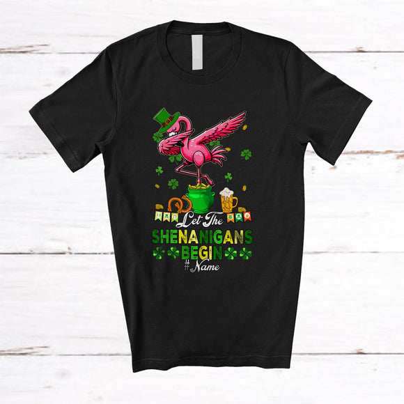 MacnyStore - Personalized Custom Name Let The Shenanigans Begin; Lovely St. Patrick's Day Leprechaun Flamingo T-Shirt