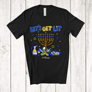 MacnyStore - Personalized Custom Name Let's Get Lit; Fantastic Hanukkah Chanukah Menorah Dreidel T-Shirt