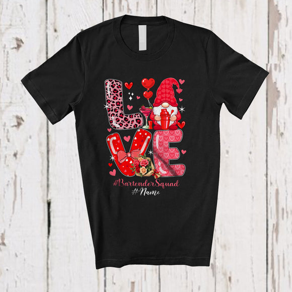 MacnyStore - Personalized Custom Name Love Bartender Squad; Lovely Valentine Hearts Gnome Leopard T-Shirt