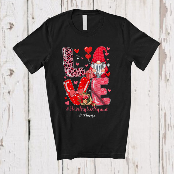 MacnyStore - Personalized Custom Name Love Hair Stylist Squad; Lovely Valentine Hearts Gnome Leopard T-Shirt